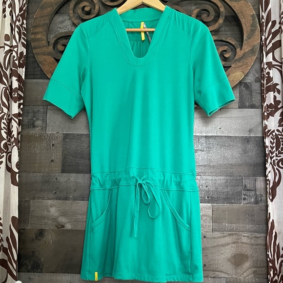 Lole Tunic Shirt Dress Mini Green V Neck Draw String Waist Short Sleeve - Picture 13 of 13